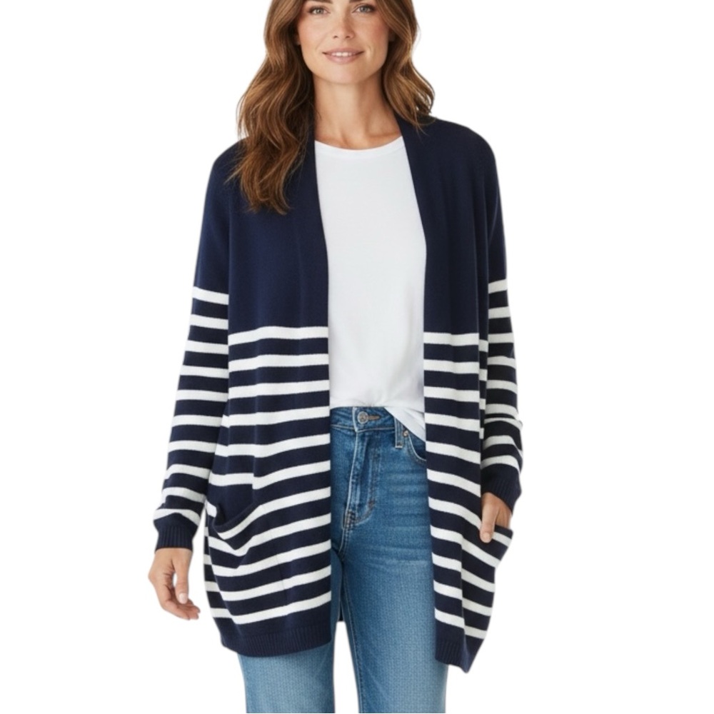 Talbots Navy & White Striped Cotton Cashmere Blend Open Cardigan - Size 2X